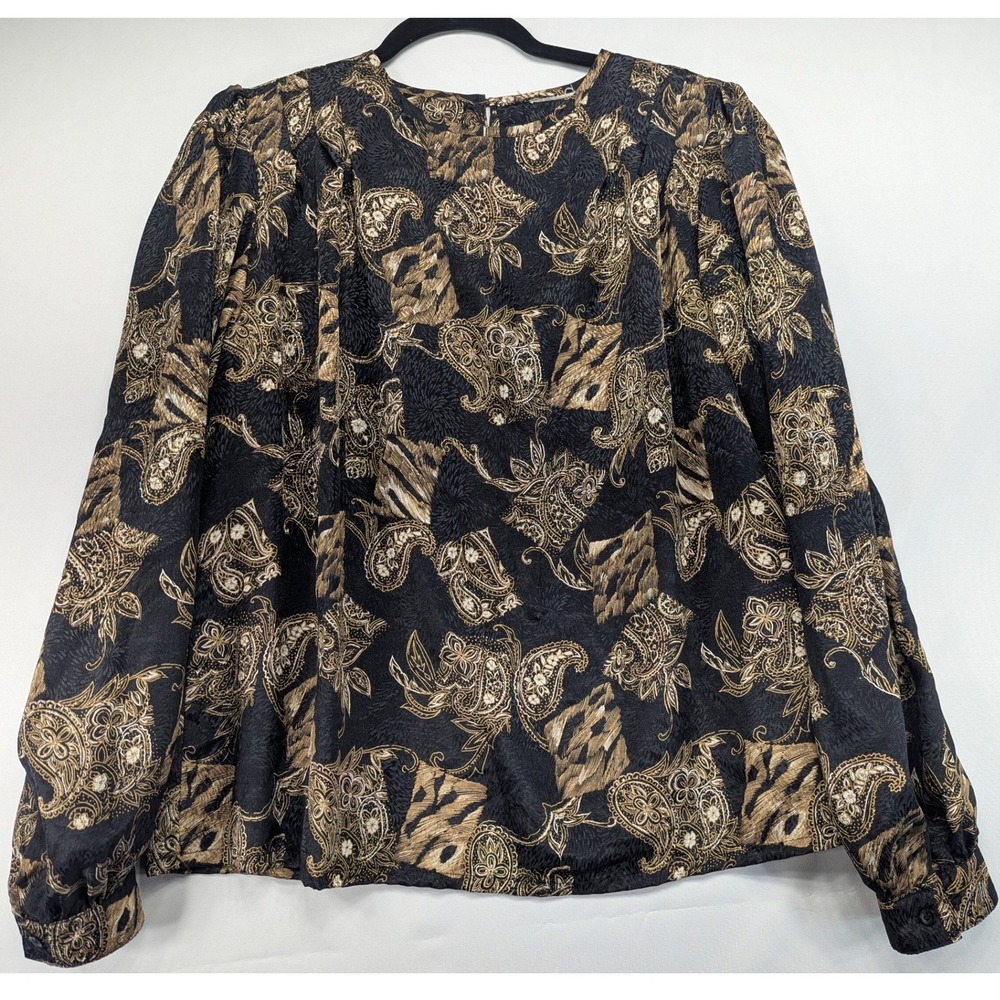 Vintage 1993 Protrend Ltd Paisley Blouse Black Gold Long Sleeve Top 90s Large